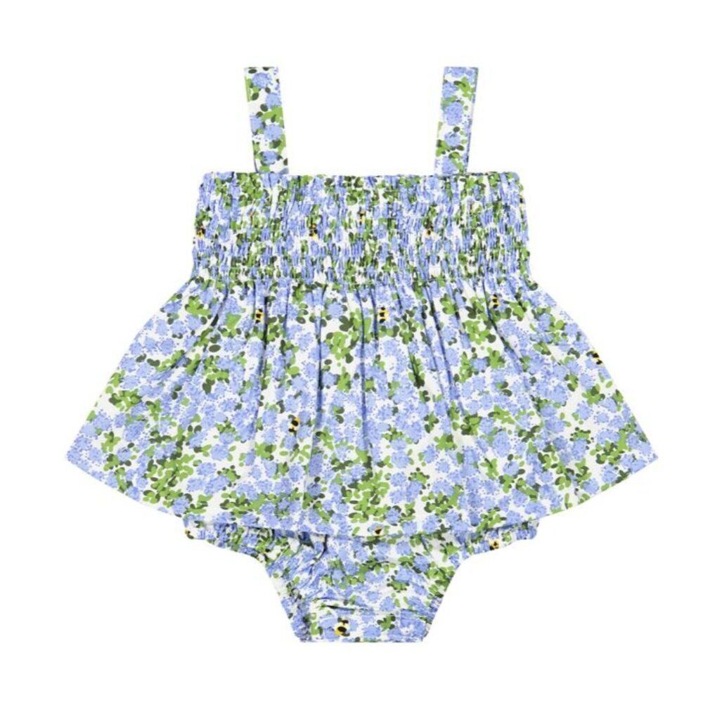 NEW! Busy Bees Smocked Chest Hazel Romper in Blue Hydrangea Size 6 months